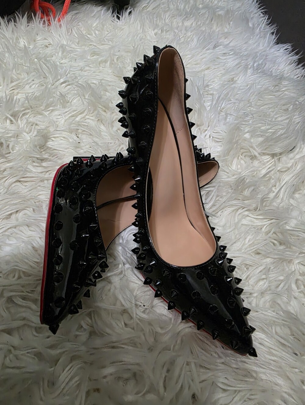Black Studded Spikey Pointed-Toe Red Bottom High Heels